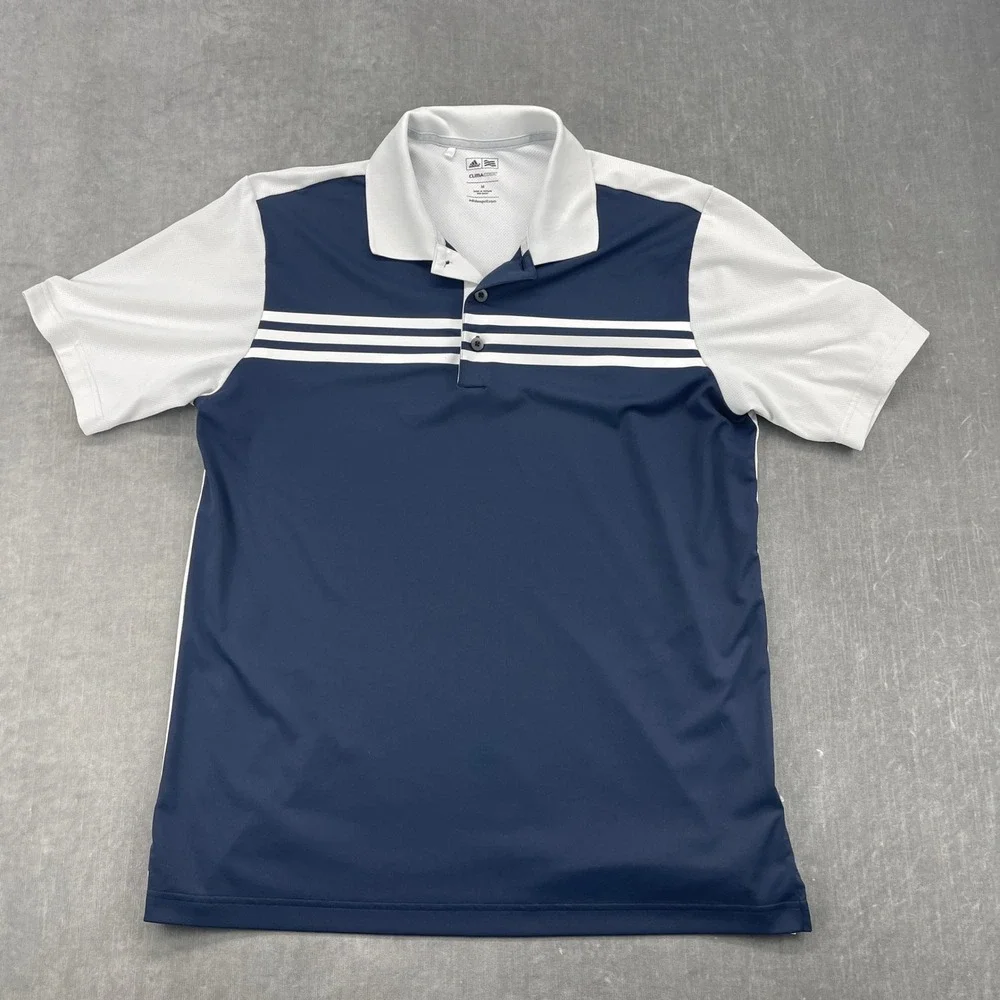 Adidas‎ Mens Medium Navy White Polo Shirt ClimaCool Champions Golf Club Striped